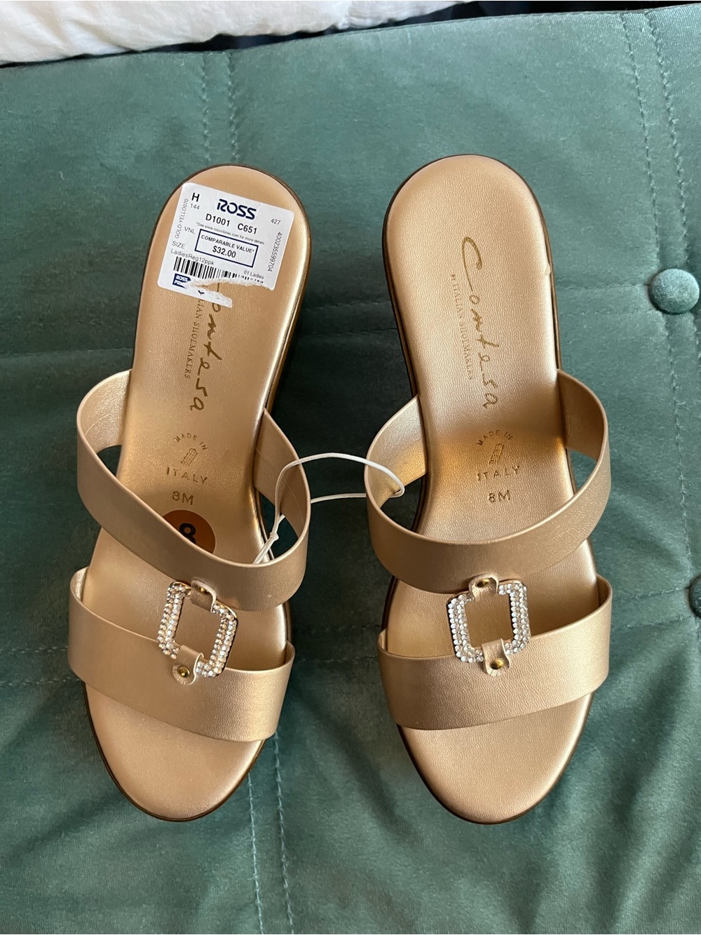 NWT Italian leather Gold Slip-On Mules with Rhinestone Buckle sz 8